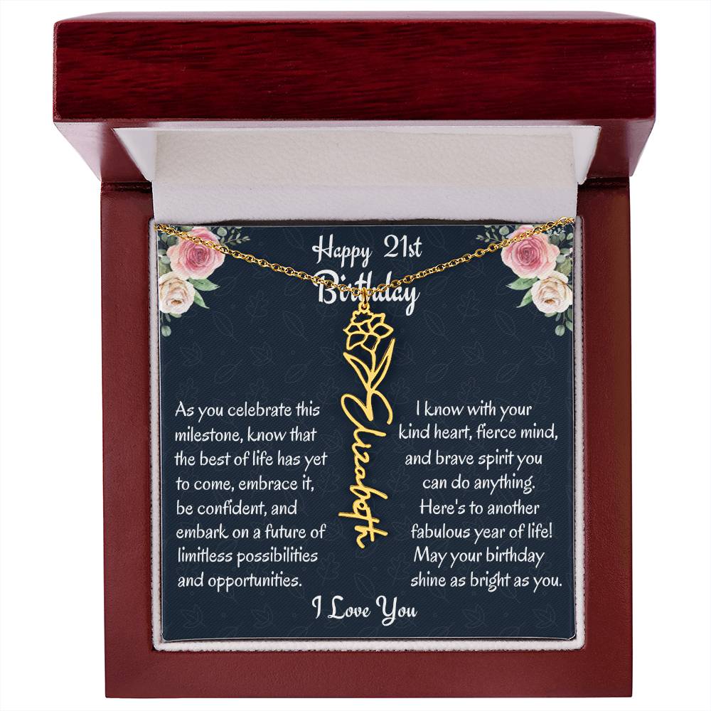 Happy 21st Birthday Flower Name Necklace, Personalized Birth Month Necklace Gift From Mom, Birthday Gift From Loving Mom, Mother To Daughter Gift, Christmas Gift For My Beautiful Daughter. - Family Gear Collections