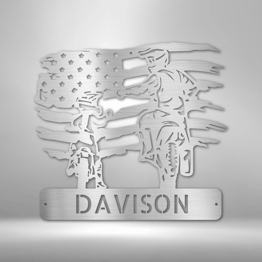 Personalized American Motocross Family Name Metal Sign, Custom US Flag Motocross Dad And Son Metal Wall Art, Housewarming Gift For A Rider Family, X-Mass Wall Art Decor. - Family Gear Collections