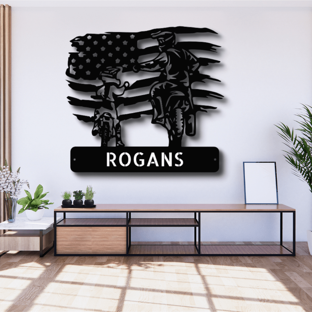 Personalized American Motocross Family Name Metal Sign, Custom US Flag Motocross Dad And Son Metal Wall Art, Housewarming Gift For A Rider Family, X-Mass Wall Art Decor. - Family Gear Collections