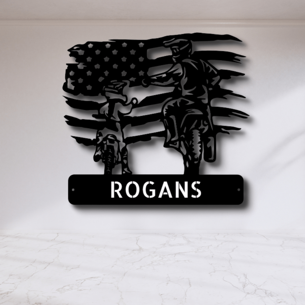 Personalized American Motocross Family Name Metal Sign, Custom US Flag Motocross Dad And Son Metal Wall Art, Housewarming Gift For A Rider Family, X-Mass Wall Art Decor. - Family Gear Collections