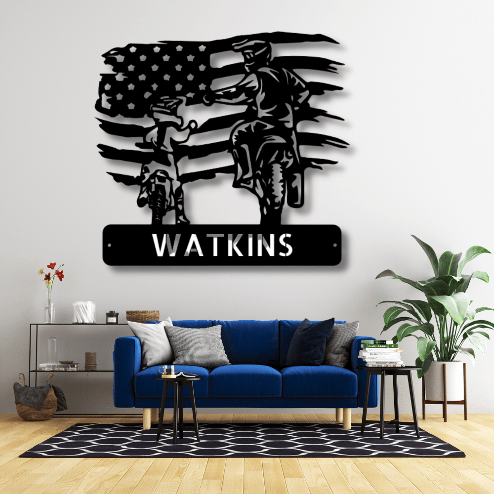 Personalized American Motocross Family Name Metal Sign, Custom US Flag Motocross Dad And Son Metal Wall Art, Housewarming Gift For A Rider Family, X-Mass Wall Art Decor. - Family Gear Collections