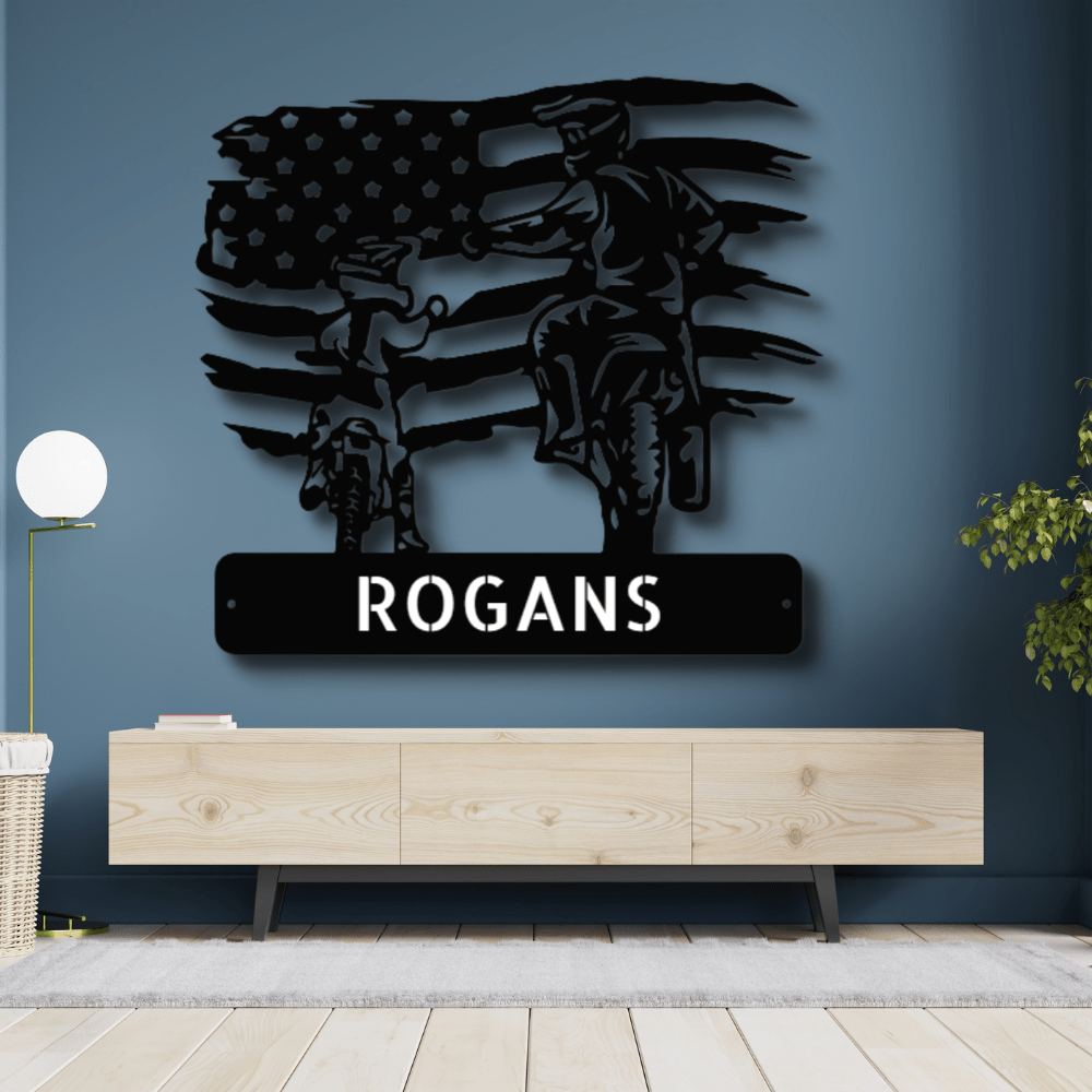 Personalized American Motocross Family Name Metal Sign, Custom US Flag Motocross Dad And Son Metal Wall Art, Housewarming Gift For A Rider Family, X-Mass Wall Art Decor. - Family Gear Collections