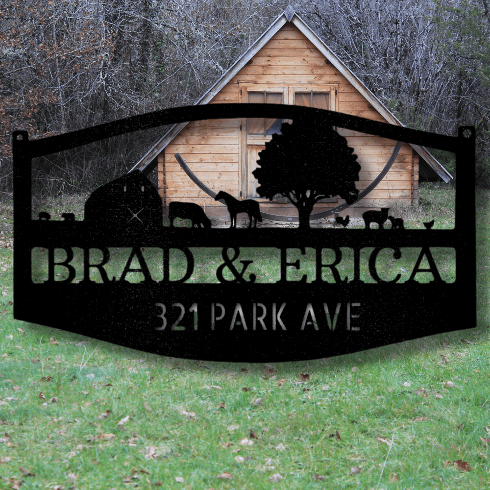 Personalized Farm Scene Metal Sign, Custom Family Name Plaque, Metal Address Sign, Christmas Gift, Cabin Metal Art - Family Gear Collections