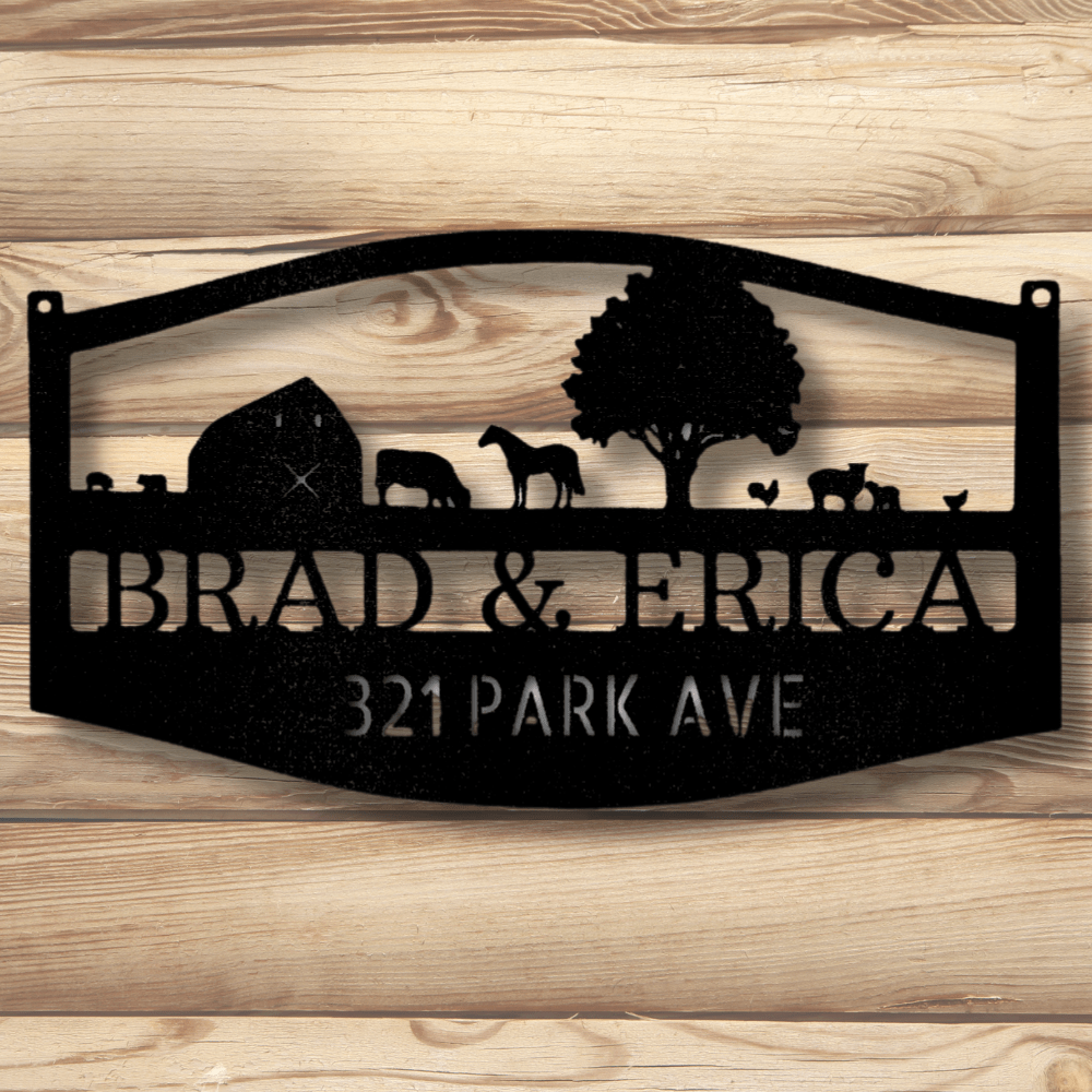 Personalized Farm Scene Metal Sign, Custom Family Name Plaque, Metal Address Sign, Christmas Gift, Cabin Metal Art - Family Gear Collections