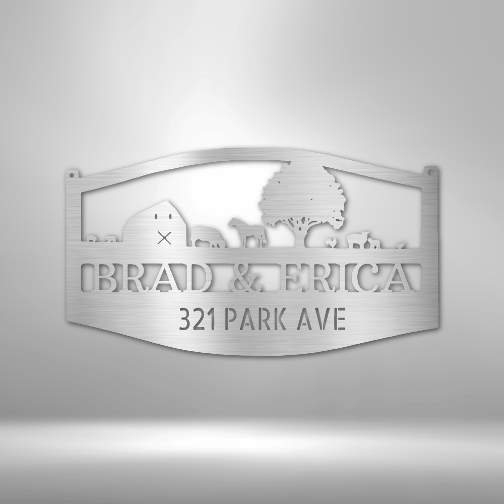 Personalized Farm Scene Metal Sign, Custom Family Name Plaque, Metal Address Sign, Christmas Gift, Cabin Metal Art - Family Gear Collections