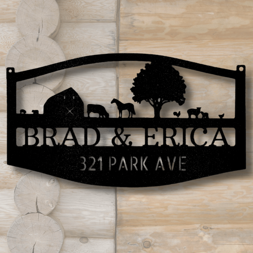 Personalized Farm Scene Metal Sign, Custom Family Name Plaque, Metal Address Sign, Christmas Gift, Cabin Metal Art - Family Gear Collections