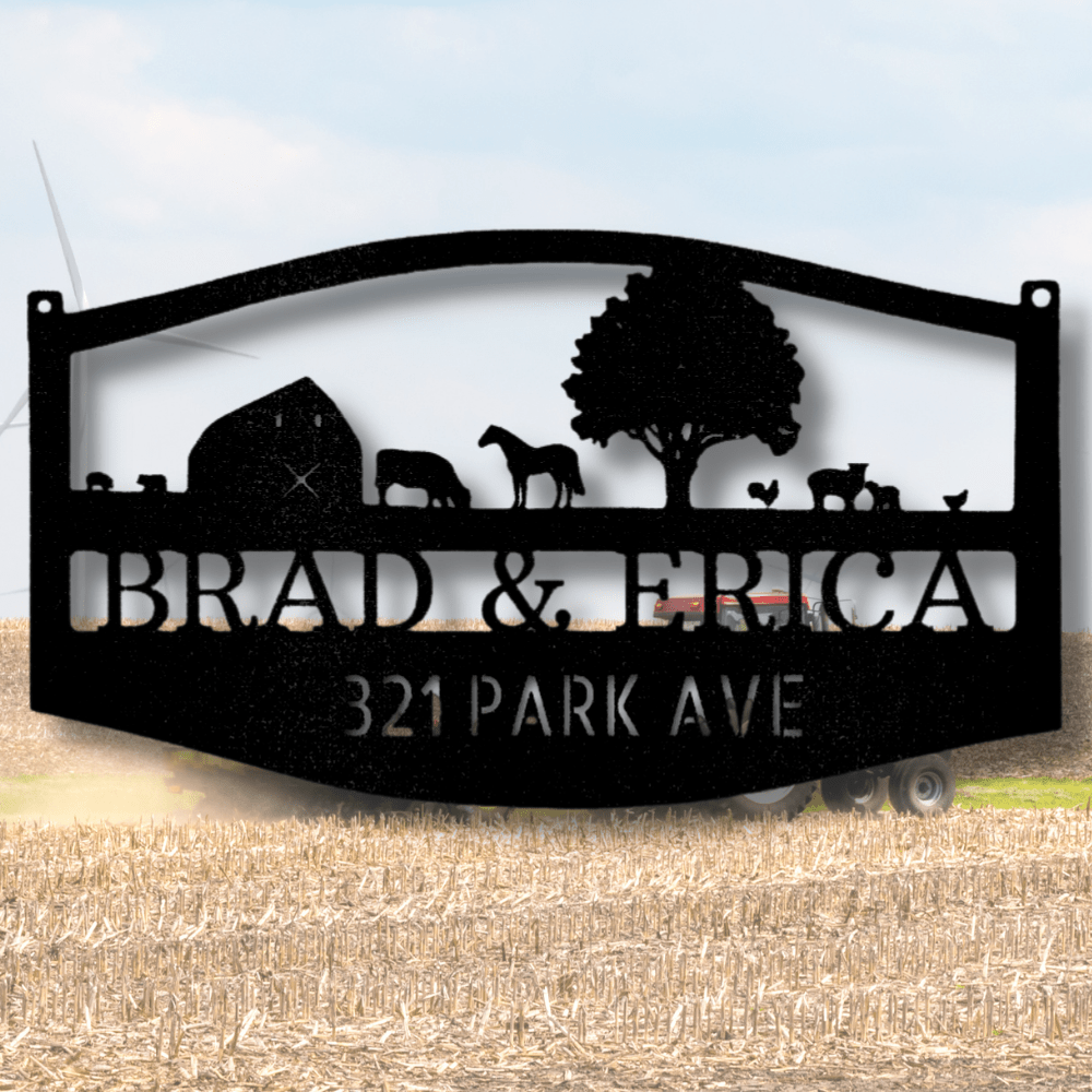 Personalized Farm Scene Metal Sign, Custom Family Name Plaque, Metal Address Sign, Christmas Gift, Cabin Metal Art - Family Gear Collections