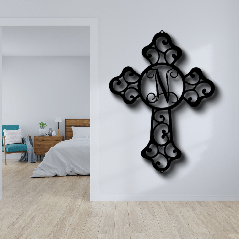 Personalized Initial Faith Cross Metal Sign, Custom Initial Cross Monogram, Family Name Initial Sign, Housewarming Gift For Christian Mom. - Family Gear Collections