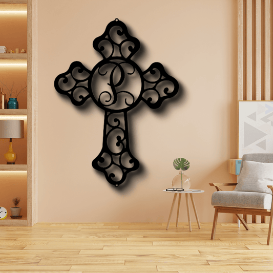 Personalized Initial Faith Cross Metal Sign, Custom Initial Cross Monogram, Family Name Initial Sign, Housewarming Gift For Christian Mom. - Family Gear Collections