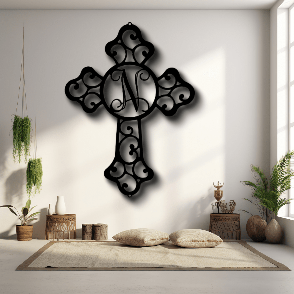 Personalized Initial Faith Cross Metal Sign, Custom Initial Cross Monogram, Family Name Initial Sign, Housewarming Gift For Christian Mom. - Family Gear Collections