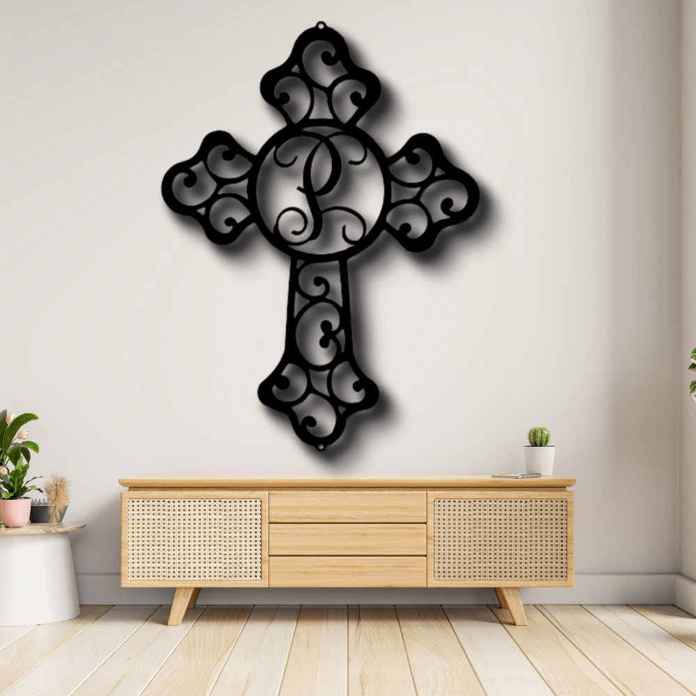 Personalized Initial Faith Cross Metal Sign, Custom Initial Cross Monogram, Family Name Initial Sign, Housewarming Gift For Christian Mom. - Family Gear Collections