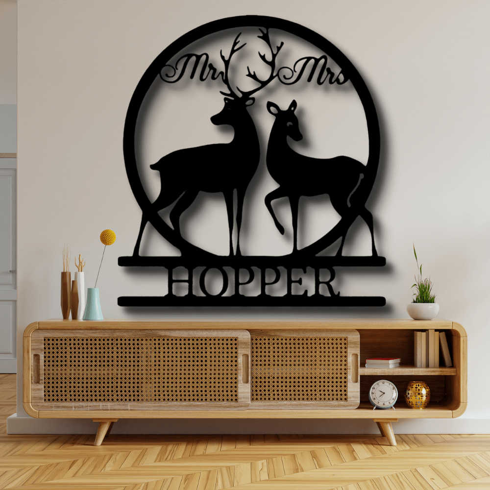 Personalized Mr and Mrs Deer Metal Sign, Custom Couple Name Metal Art Sign, Wedding Anniversary Gift, Housewarming Gift - Family Gear Collections