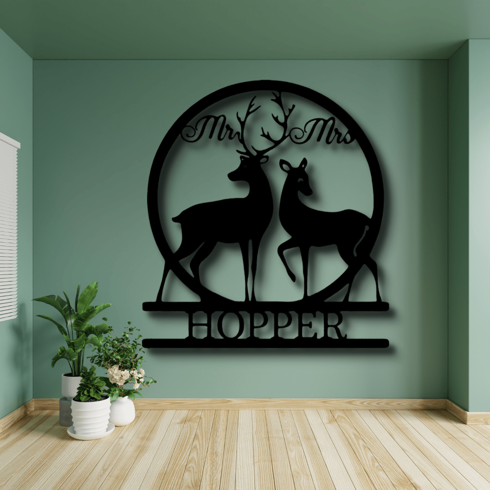 Personalized Mr and Mrs Deer Metal Sign, Custom Couple Name Metal Art Sign, Wedding Anniversary Gift, Housewarming Gift - Family Gear Collections