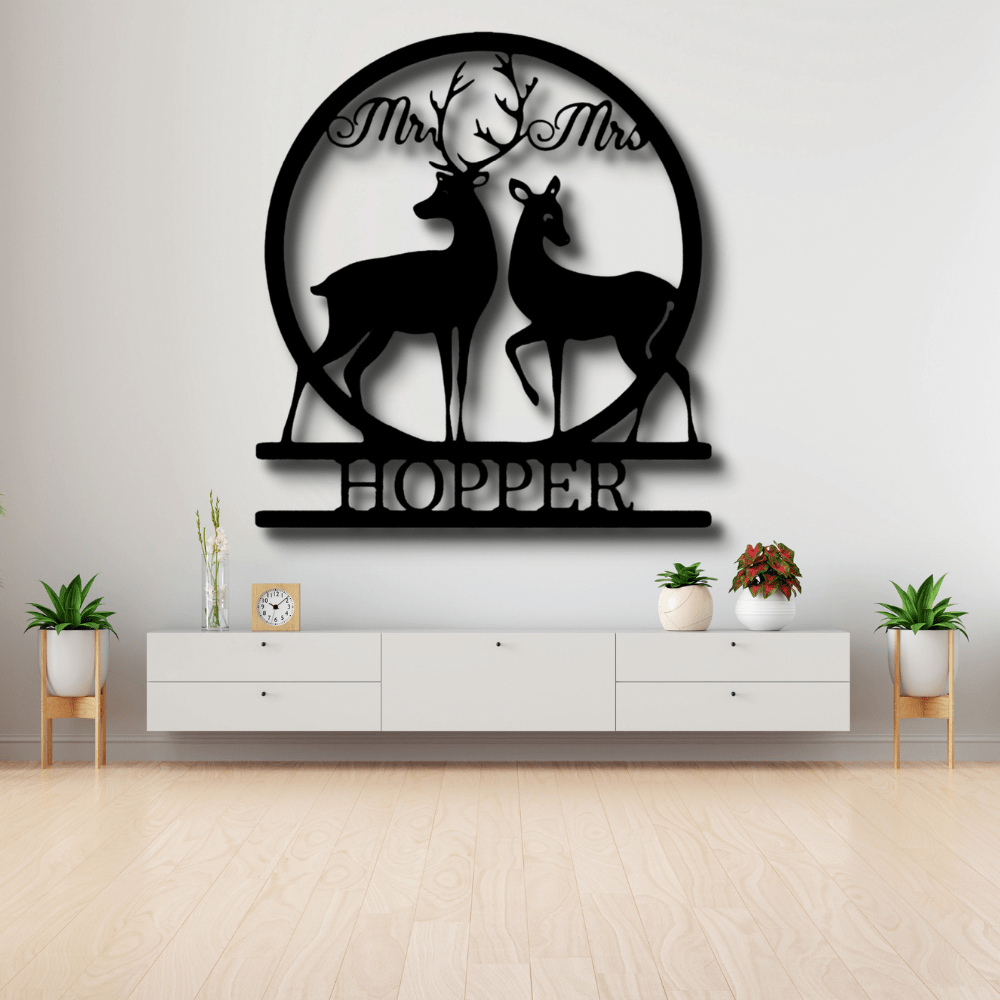 Personalized Mr and Mrs Deer Metal Sign, Custom Couple Name Metal Art Sign, Wedding Anniversary Gift, Housewarming Gift - Family Gear Collections