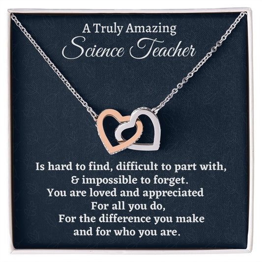 To A Truly Amazing Science Teacher, Interlocking Hearts Necklace. Christmas Gift, Happy Retirement Gift. - Family Gear Collections