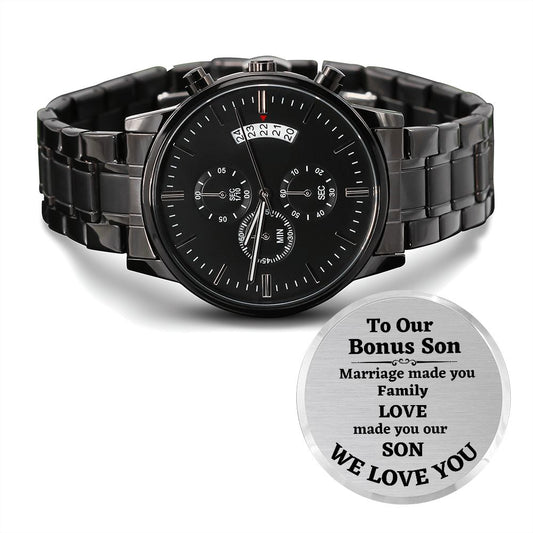 To Bonus Son Engraved Black Chronograph Watch, Wedding Anniversary Gift, Birthday Gift - Family Gear Collections