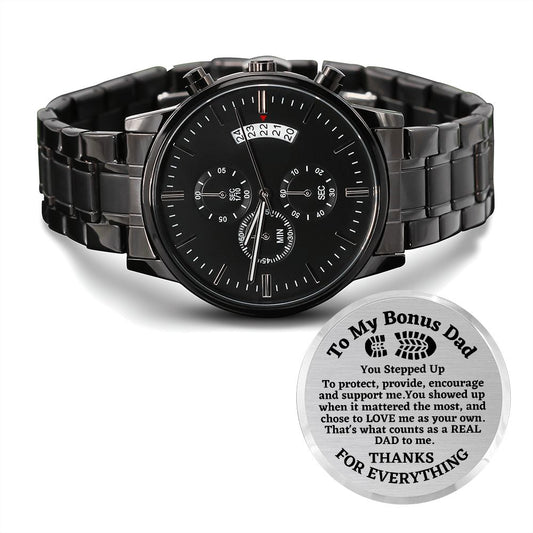 To My Amazing Bonus Dad, Engraved Design Black Chronograph Watch, Birthday Gift, Christmas Gift For Him - Family Gear Collections