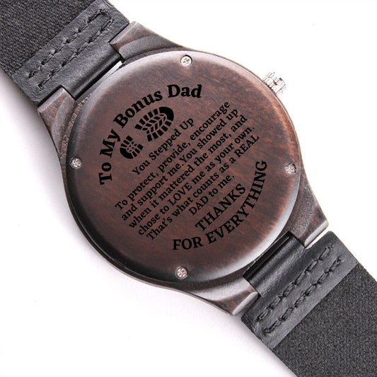 To My Amazing Bonus Dad, Engraved Wooden Watch, Birthday Gift, Christmas Gift For Him - Family Gear Collections