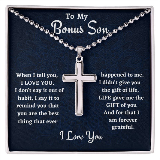 To My Bonus son Stainless Cross Necklace w/ Ball Chain, Navy Bonus Son Gift, Military Son Gift, Bonus Son Birthday Gift, Gift From Stepdad or Stepmom, Christmas Gift. - Family Gear Collections