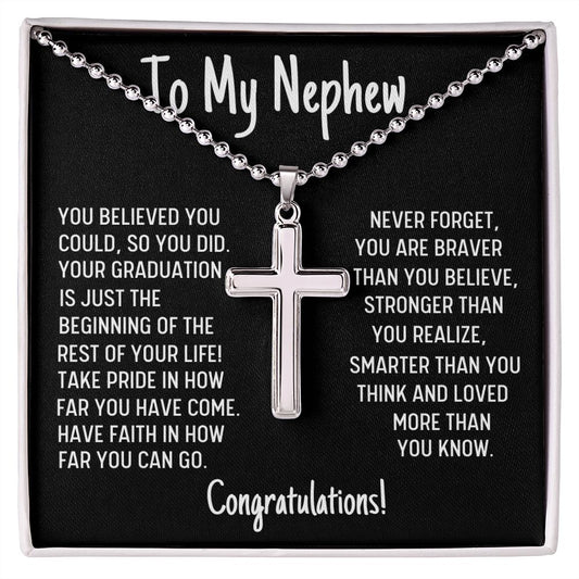 To My Nephew, Stainless Cross Necklace W/Ball Chain, First Communion Gift For Nephew, Baptism Gift, Congratulations Gift, From Loving Aunt. - Family Gear Collections